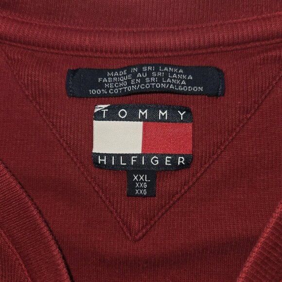 Tommy Hilfiger V Neck Sweater Mens XXL Logo Pull Over Red Striped Arm Vintage Bl - Picture 3 of 10